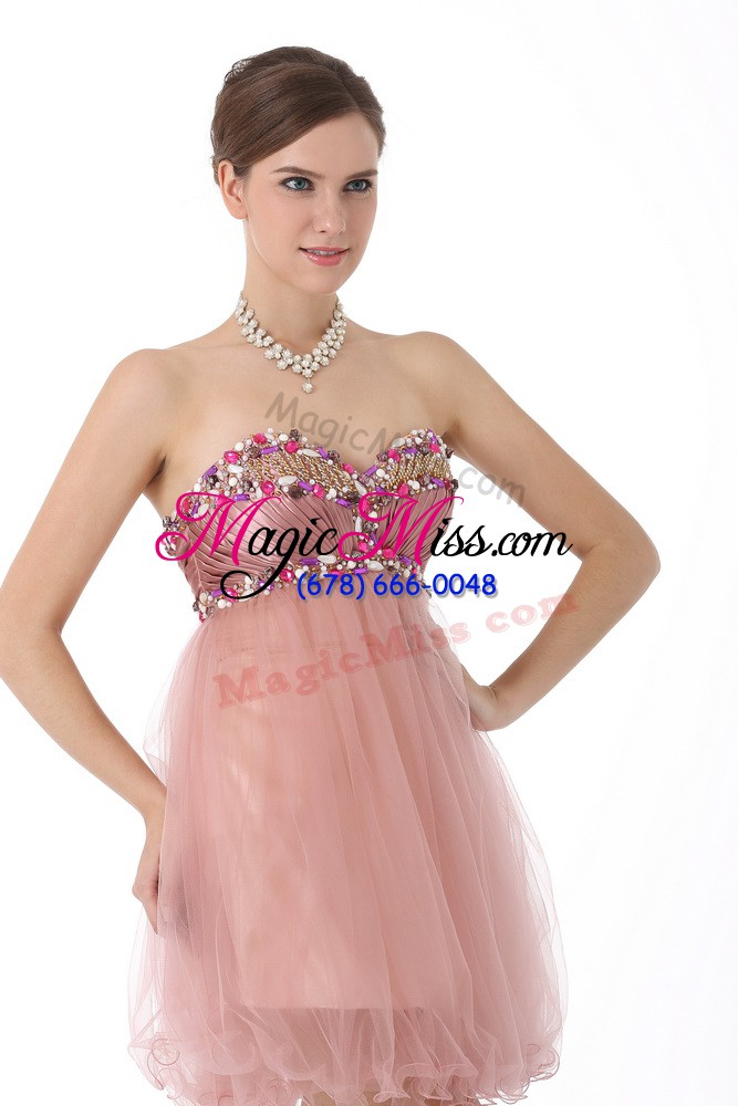 wholesale customized sleeveless mini length beading zipper dress for prom with pink