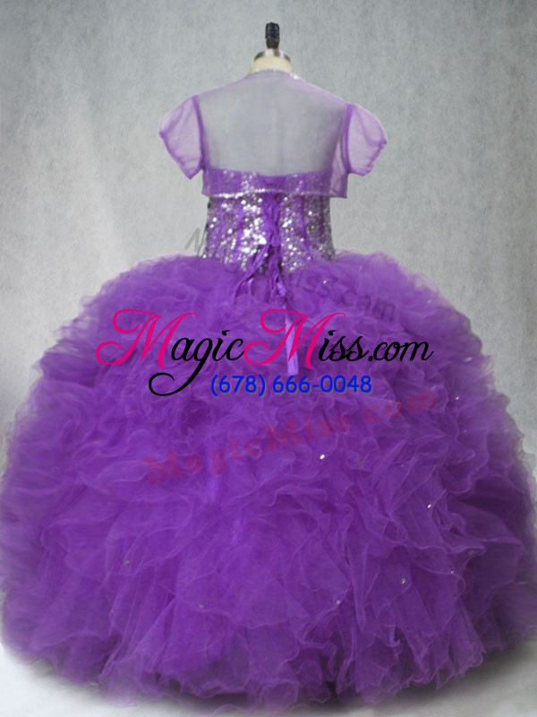 wholesale great purple tulle lace up quinceanera gown sleeveless floor length beading and ruffles