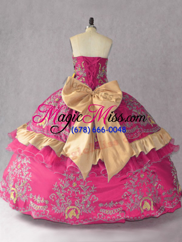 wholesale deluxe satin and organza sweetheart sleeveless lace up embroidery vestidos de quinceanera in hot pink