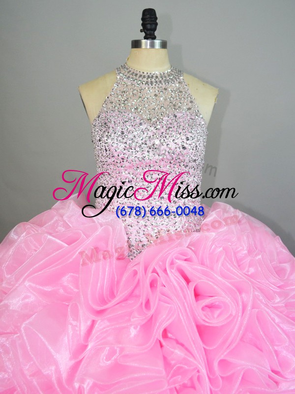 wholesale best selling baby pink quinceanera dress sweet 16 and quinceanera with beading and ruffles halter top sleeveless lace up