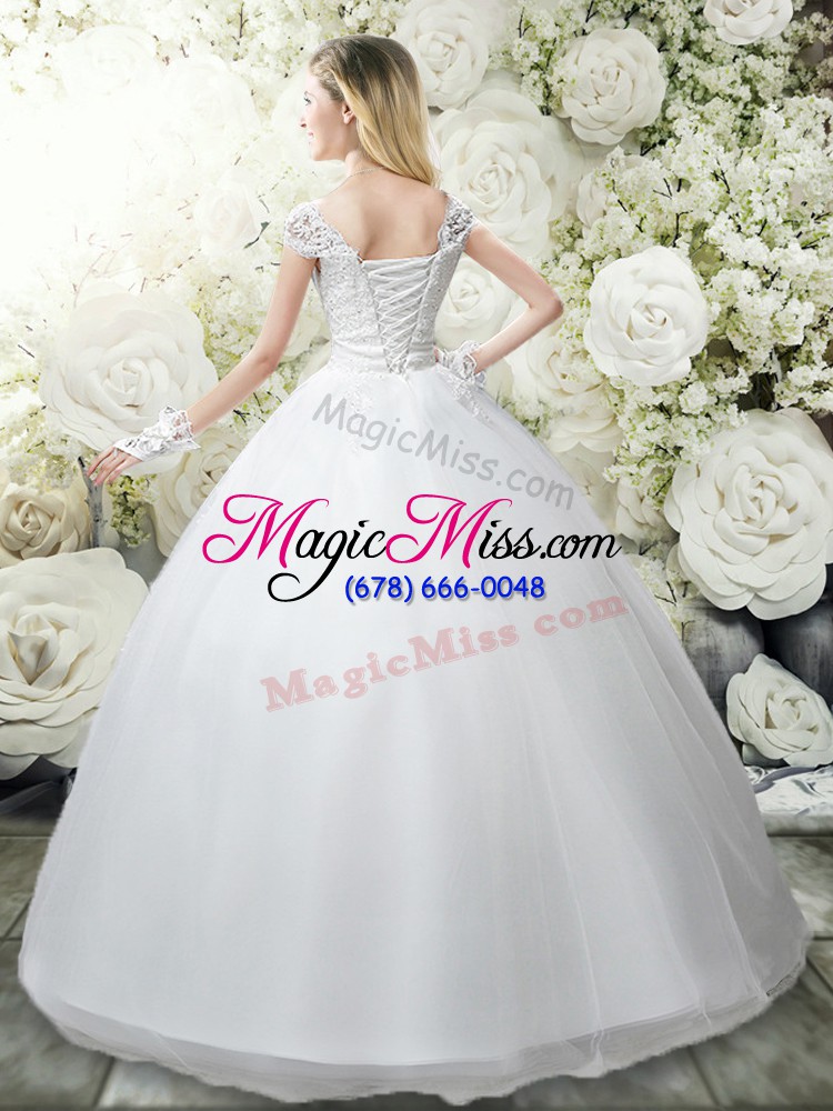 wholesale modest white scoop lace up appliques wedding dress cap sleeves