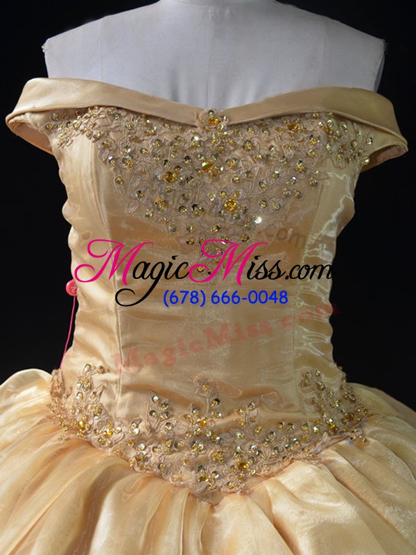 wholesale fancy gold ball gowns off the shoulder sleeveless organza floor length lace up beading and pick ups quinceanera gowns