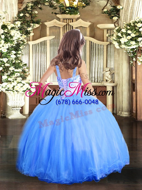 wholesale luxurious blue tulle lace up child pageant dress sleeveless floor length beading