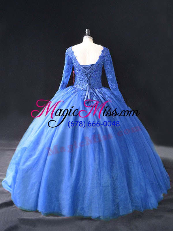 wholesale high quality blue ball gowns v-neck long sleeves tulle floor length lace up lace and appliques vestidos de quinceanera
