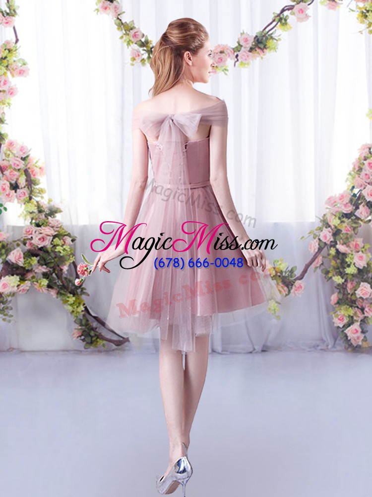 wholesale exceptional knee length pink vestidos de damas off the shoulder sleeveless lace up