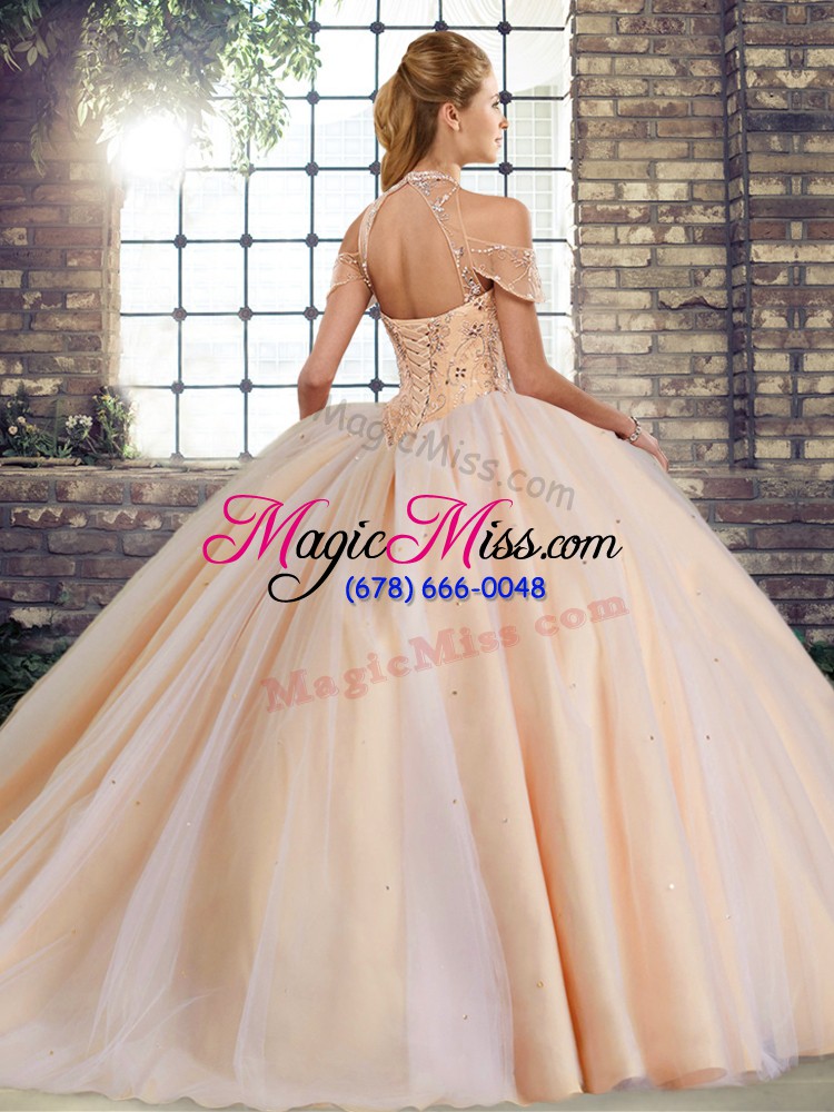 wholesale luxurious sleeveless brush train beading lace up quince ball gowns