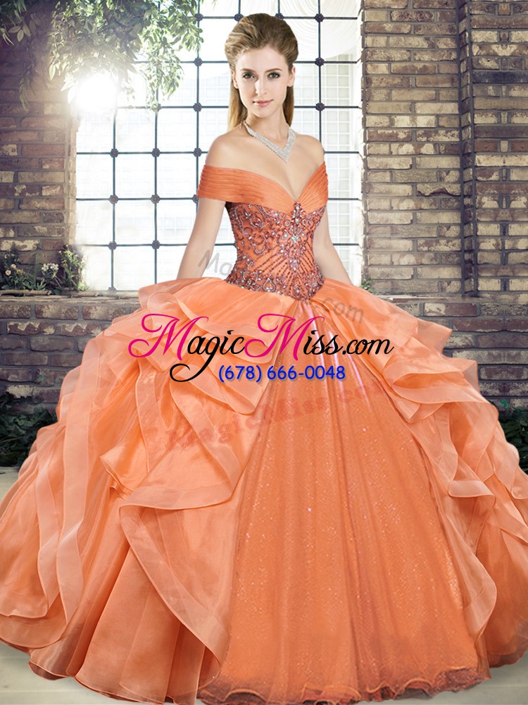 wholesale ball gowns vestidos de quinceanera orange off the shoulder organza sleeveless floor length lace up