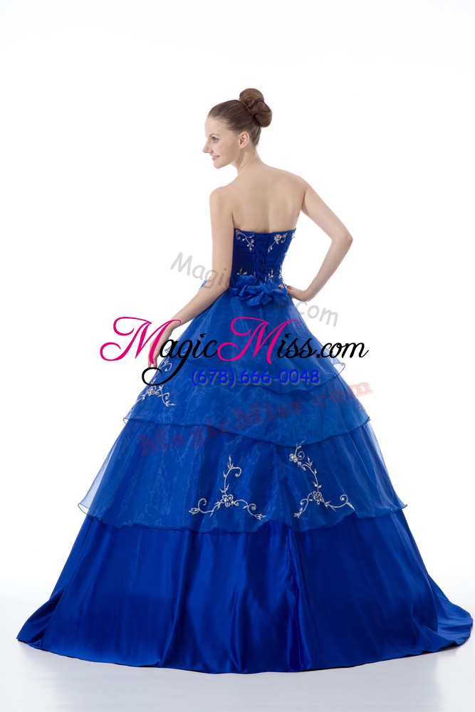 wholesale modern v-neck sleeveless 15th birthday dress floor length embroidery and ruffled layers royal blue organza