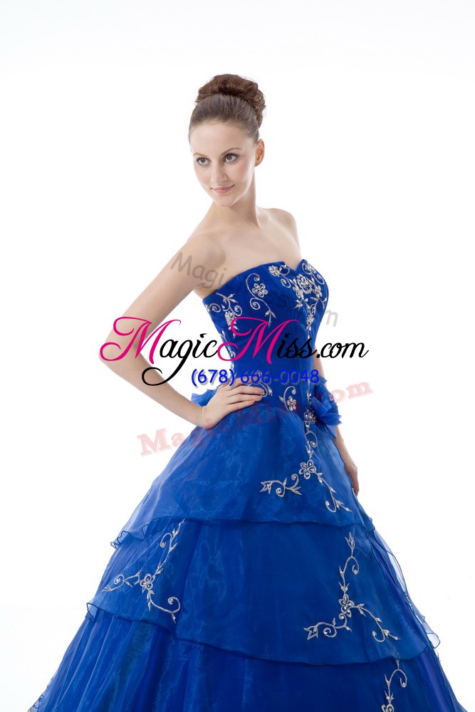 wholesale modern v-neck sleeveless 15th birthday dress floor length embroidery and ruffled layers royal blue organza