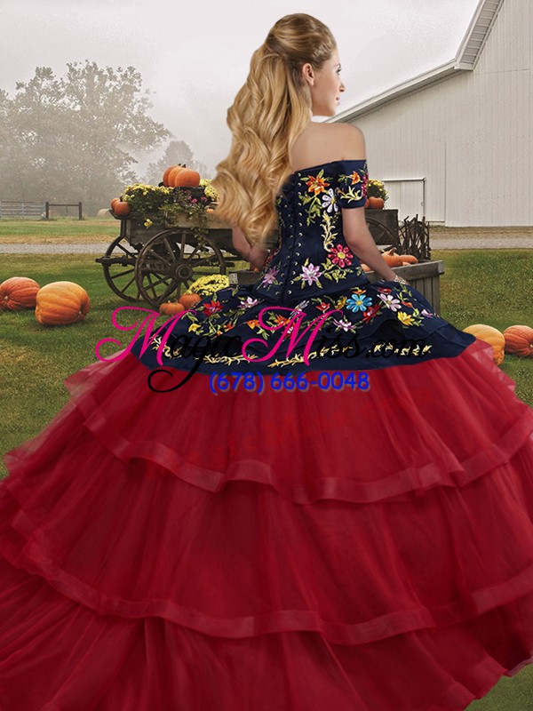 wholesale deluxe off the shoulder sleeveless quinceanera gowns brush train embroidery and ruffled layers fuchsia tulle