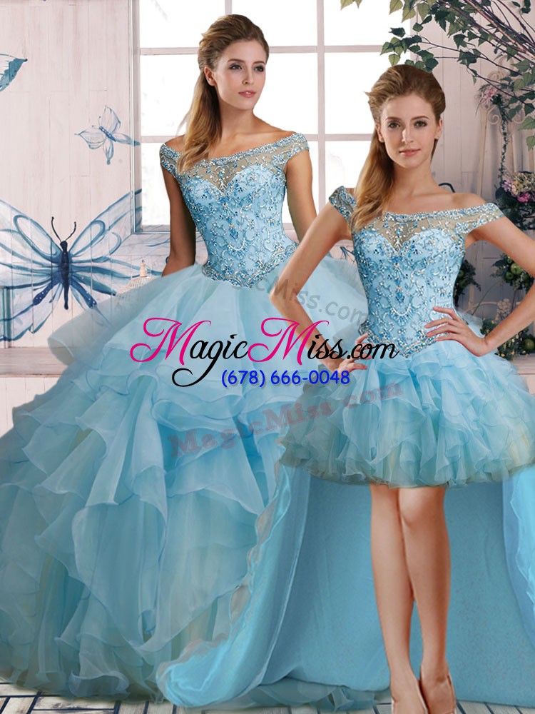 wholesale light blue sleeveless floor length beading and ruffles lace up quinceanera gowns