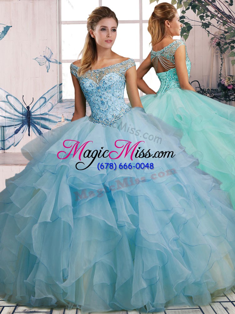 wholesale light blue sleeveless floor length beading and ruffles lace up quinceanera gowns