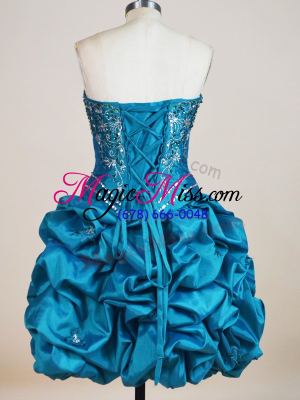 wholesale teal sleeveless beading and pick ups mini length prom dress