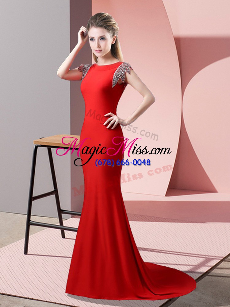 wholesale red mermaid high-neck short sleeves elastic woven satin brush train backless beading prom gown