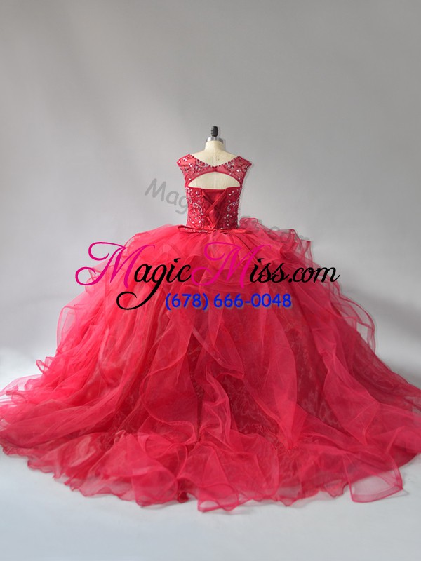 wholesale fashionable sleeveless brush train lace up beading and ruffles quinceanera gown