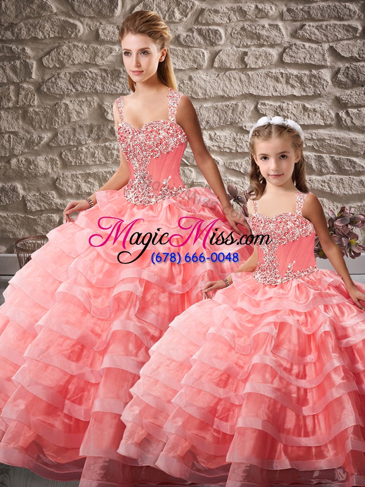 wholesale fine organza straps sleeveless court train lace up beading and ruffled layers quinceanera dress in watermelon red