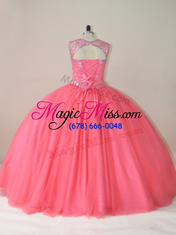 wholesale superior watermelon red lace up scoop beading vestidos de quinceanera tulle sleeveless