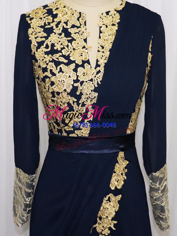wholesale navy blue column/sheath lace and appliques dress for prom zipper chiffon long sleeves floor length
