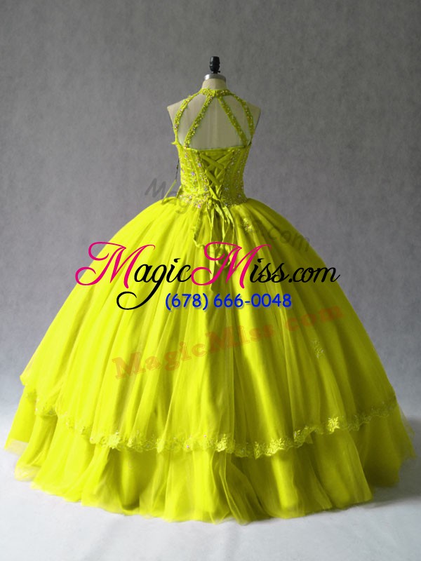 wholesale classical yellow green sleeveless appliques floor length sweet 16 dress
