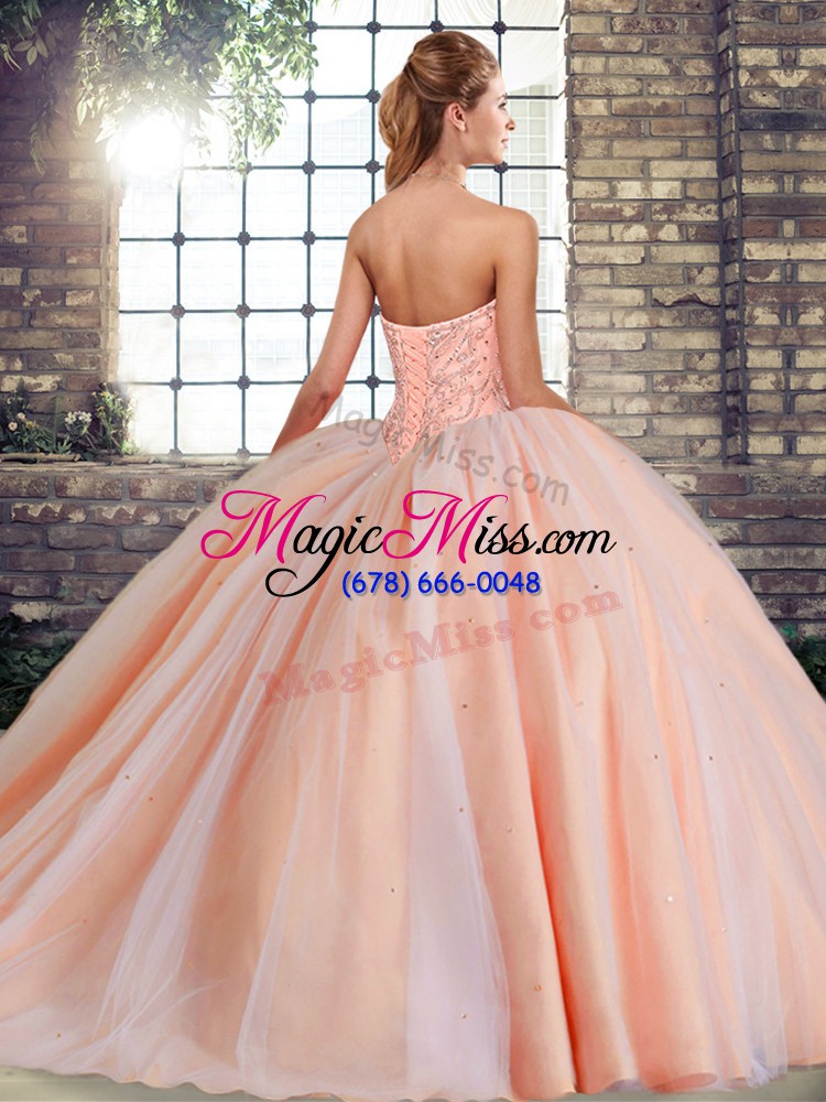 wholesale eye-catching sleeveless beading lace up ball gown prom dress with fuchsia brush train
