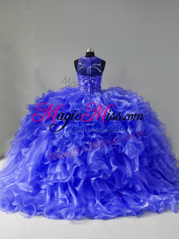 wholesale blue zipper 15th birthday dress beading and ruffles sleeveless brush train