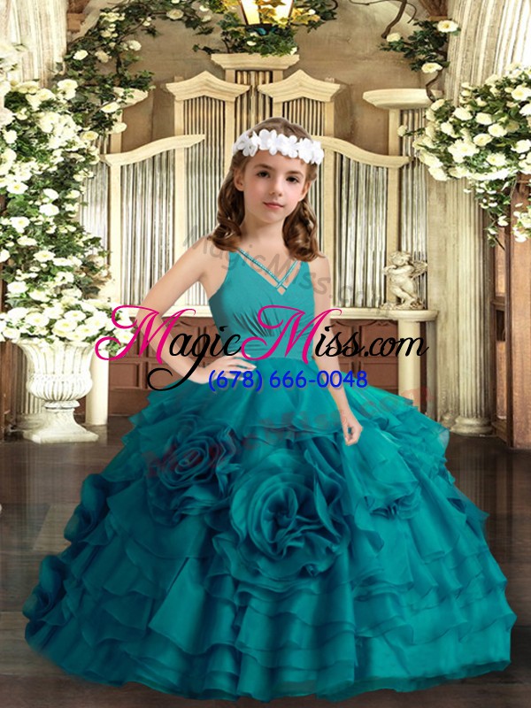 wholesale top selling teal winning pageant gowns party and sweet 16 and wedding party with ruffled layers and hand made flower v-neck sleeveless zipper