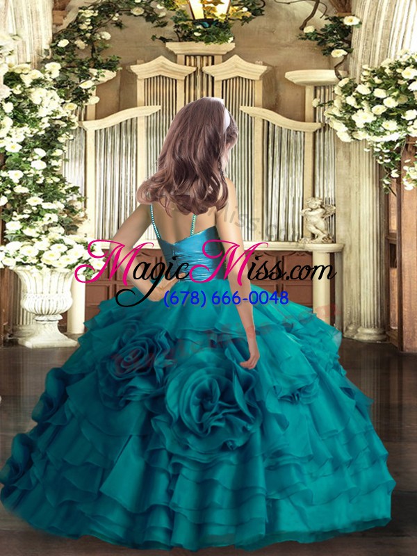 wholesale top selling teal winning pageant gowns party and sweet 16 and wedding party with ruffled layers and hand made flower v-neck sleeveless zipper