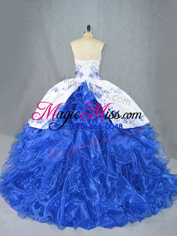 wholesale pretty blue and white sweet 16 dress sweet 16 and quinceanera with beading and embroidery and ruffles sweetheart sleeveless brush train lace up