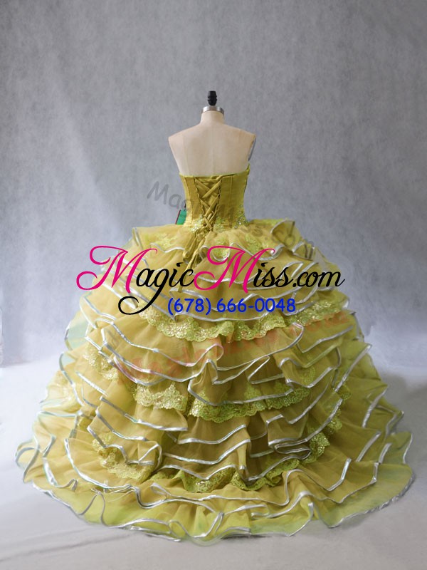 wholesale beautiful lace up sweet 16 dresses olive green for sweet 16 and quinceanera with appliques and ruffles brush train