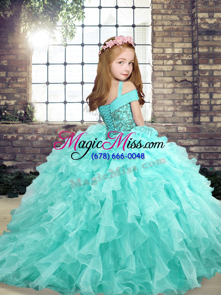 wholesale gorgeous apple green organza lace up straps sleeveless floor length glitz pageant dress beading and ruffles