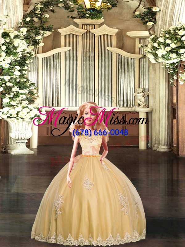 wholesale traditional ball gowns quince ball gowns gold scoop tulle sleeveless floor length clasp handle