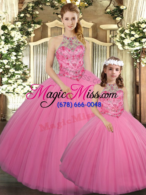 wholesale high end floor length lace up 15th birthday dress rose pink for sweet 16 and quinceanera with beading