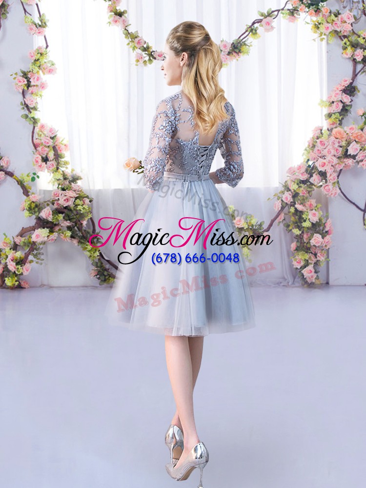 wholesale grey lace up dama dress lace and belt half sleeves knee length