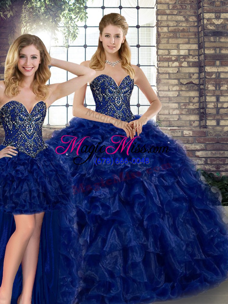 wholesale customized sleeveless organza floor length lace up sweet 16 dresses in royal blue with beading and ruffles