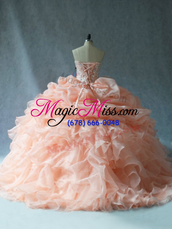 wholesale stylish ball gowns vestidos de quinceanera peach strapless organza sleeveless floor length lace up