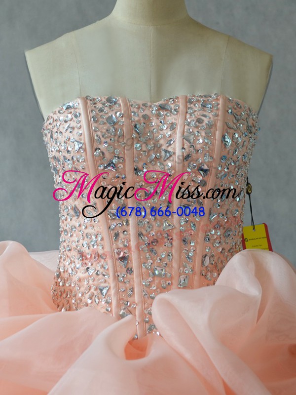 wholesale stylish ball gowns vestidos de quinceanera peach strapless organza sleeveless floor length lace up