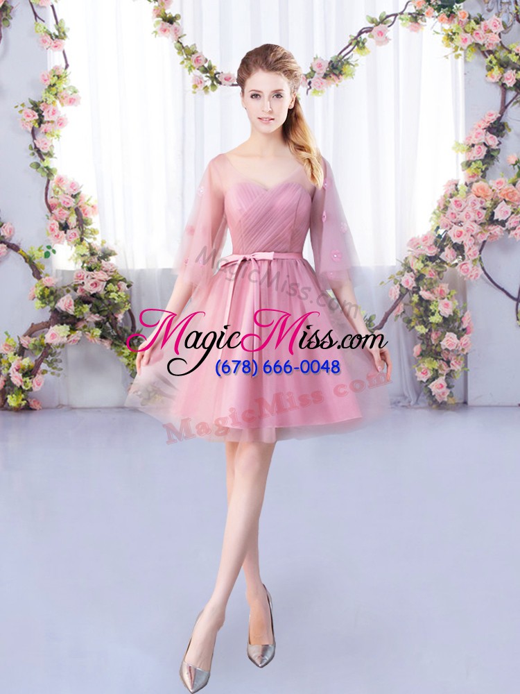 wholesale smart v-neck half sleeves tulle wedding party dress appliques and belt lace up