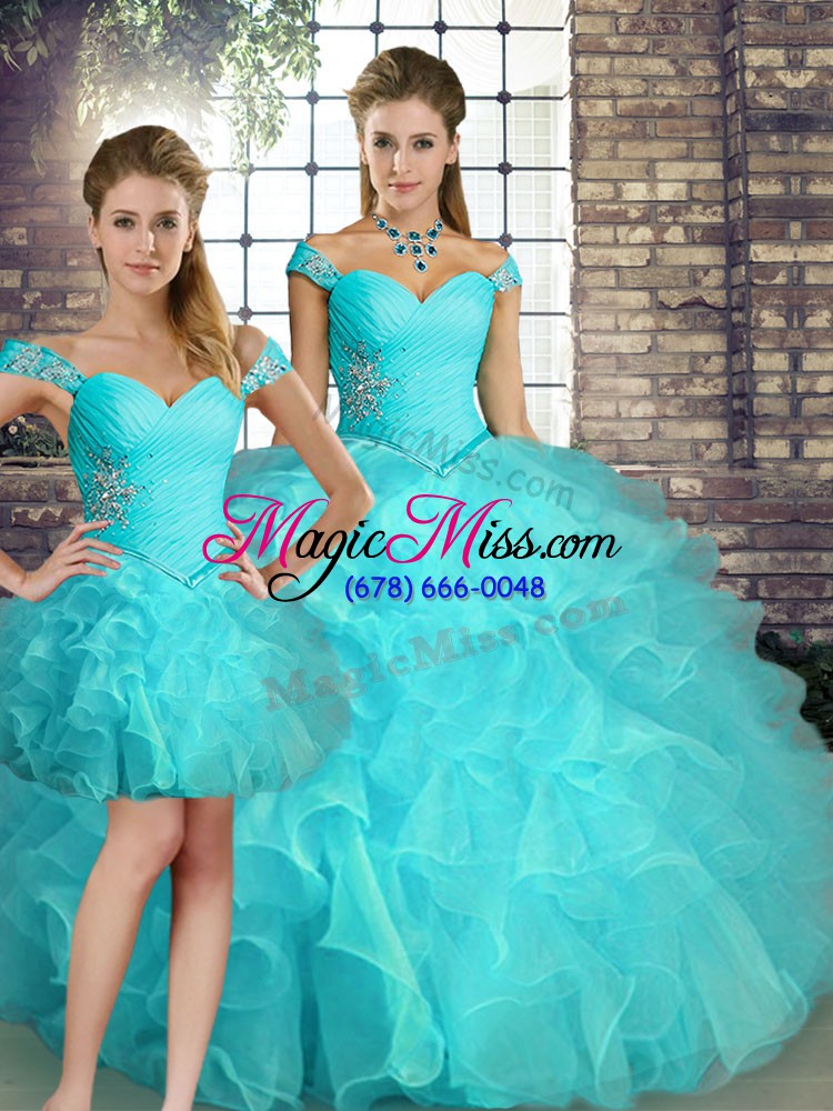 wholesale aqua blue vestidos de quinceanera military ball and sweet 16 and quinceanera with beading and ruffles off the shoulder sleeveless lace up
