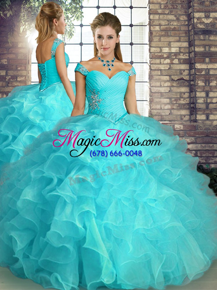 wholesale aqua blue vestidos de quinceanera military ball and sweet 16 and quinceanera with beading and ruffles off the shoulder sleeveless lace up