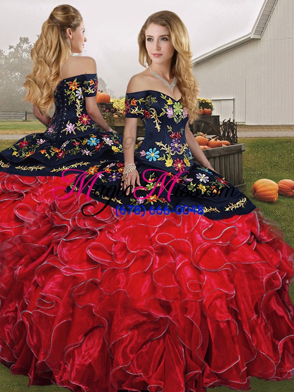 wholesale red and black off the shoulder neckline embroidery and ruffles vestidos de quinceanera sleeveless lace up