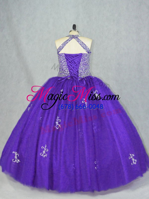 wholesale pretty purple sleeveless floor length beading and appliques lace up 15 quinceanera dress