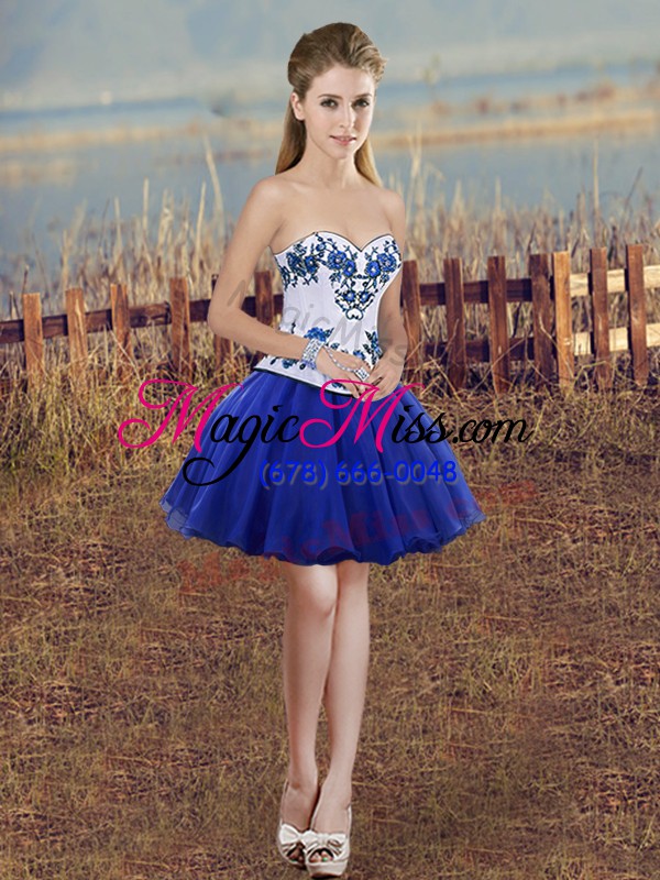 wholesale attractive sleeveless floor length embroidery and bowknot lace up quinceanera gowns with royal blue
