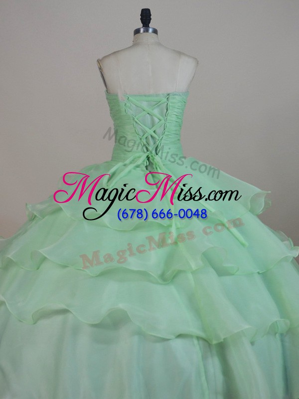 wholesale admirable apple green quince ball gowns sweet 16 and quinceanera with ruffled layers and ruching and hand made flower sweetheart sleeveless lace up