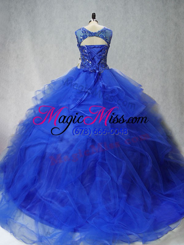 wholesale royal blue tulle lace up quinceanera dresses sleeveless brush train beading and ruffles