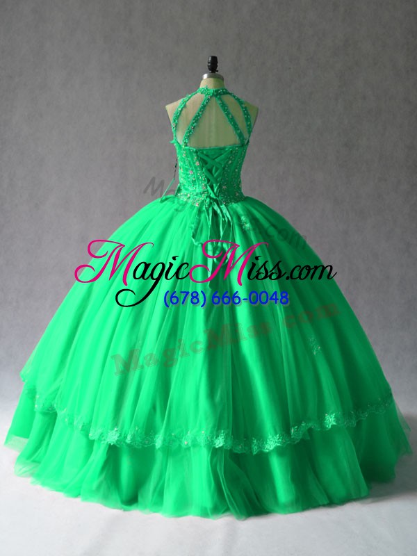 wholesale modest green halter top neckline appliques sweet 16 quinceanera dress sleeveless lace up