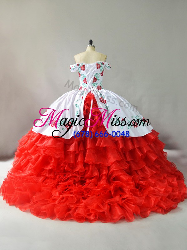 wholesale white and red sweet 16 dresses organza court train sleeveless embroidery and ruffled layers