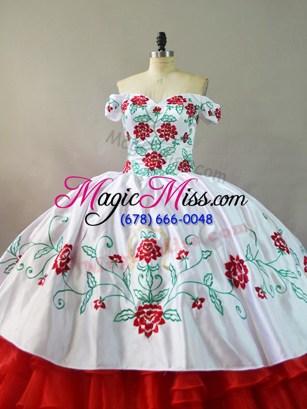 wholesale white and red sweet 16 dresses organza court train sleeveless embroidery and ruffled layers
