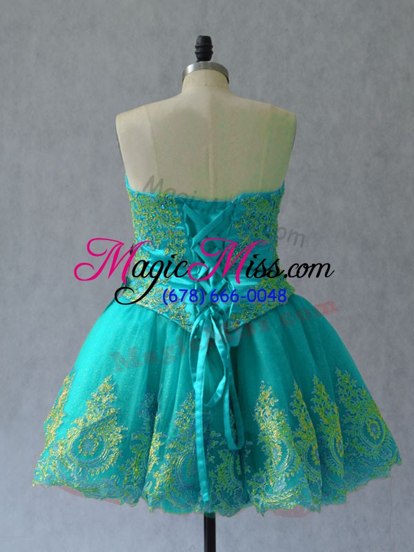 wholesale dramatic turquoise ball gowns appliques and embroidery prom dresses lace up tulle sleeveless mini length