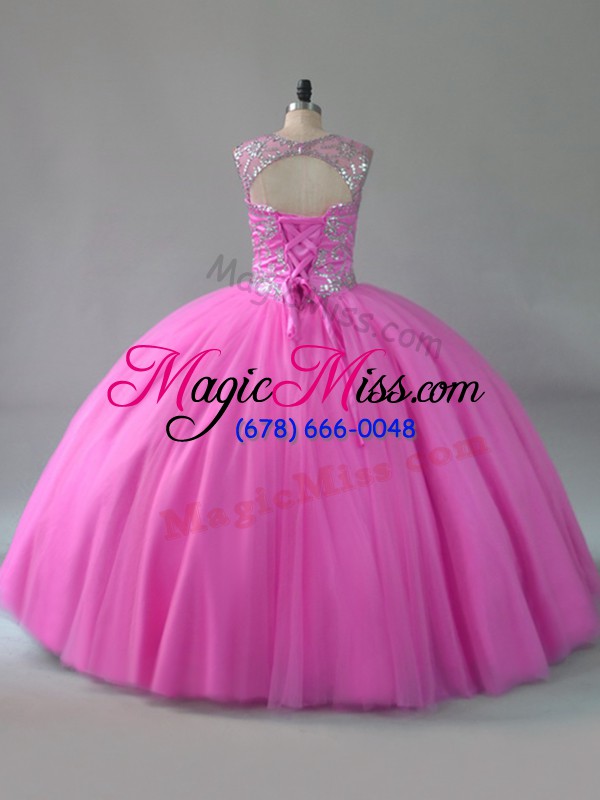 wholesale hot selling sleeveless tulle floor length lace up sweet 16 dress in rose pink with beading