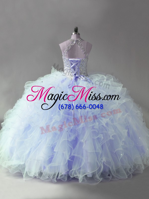 wholesale fashionable halter top sleeveless sweet 16 dresses floor length beading and ruffles lavender tulle